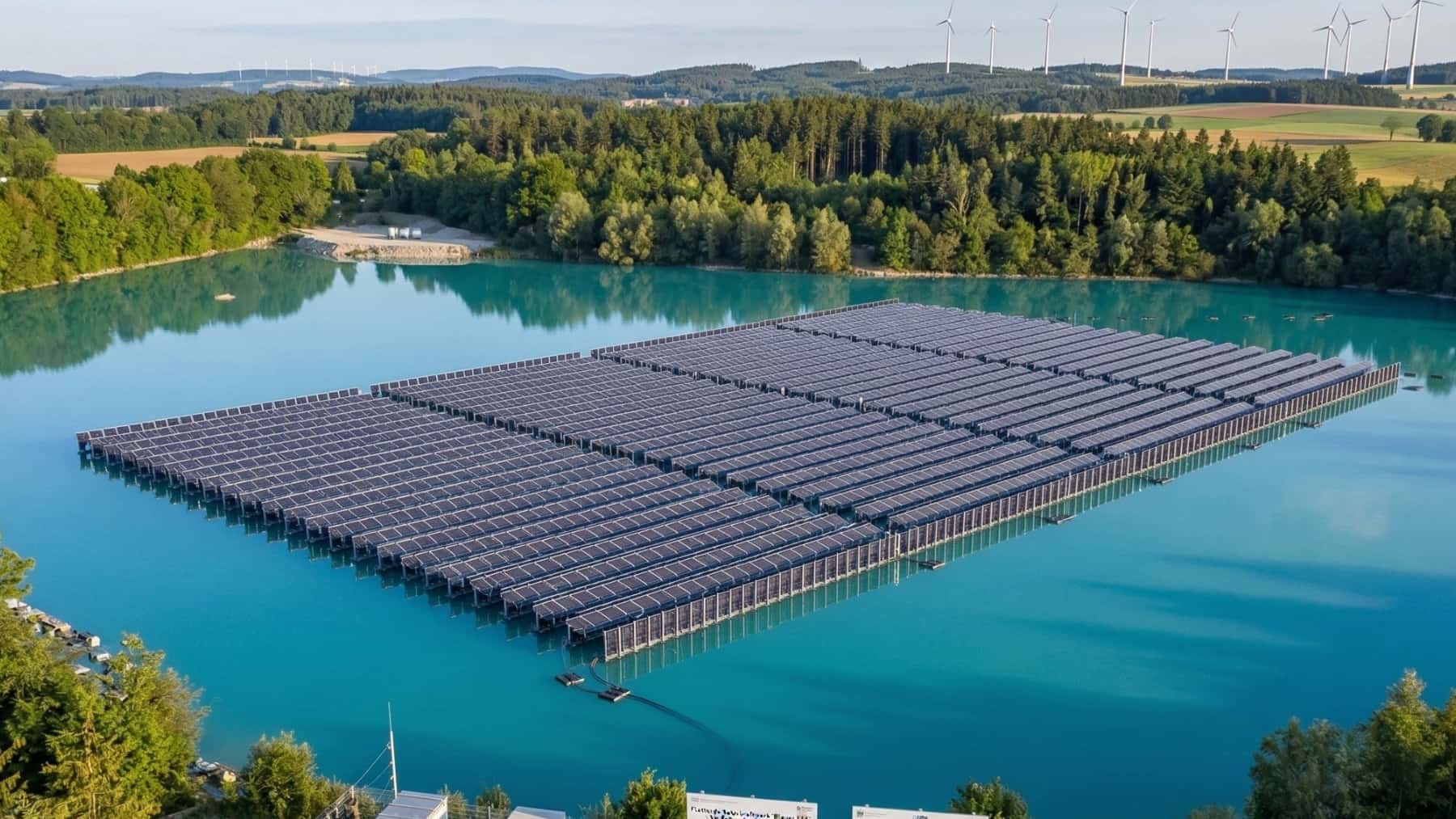 Planta solar flotante instalada sobre un lago con cientos de paneles fotovoltaicos y aerogeneradores al fondo en un entorno natural.
