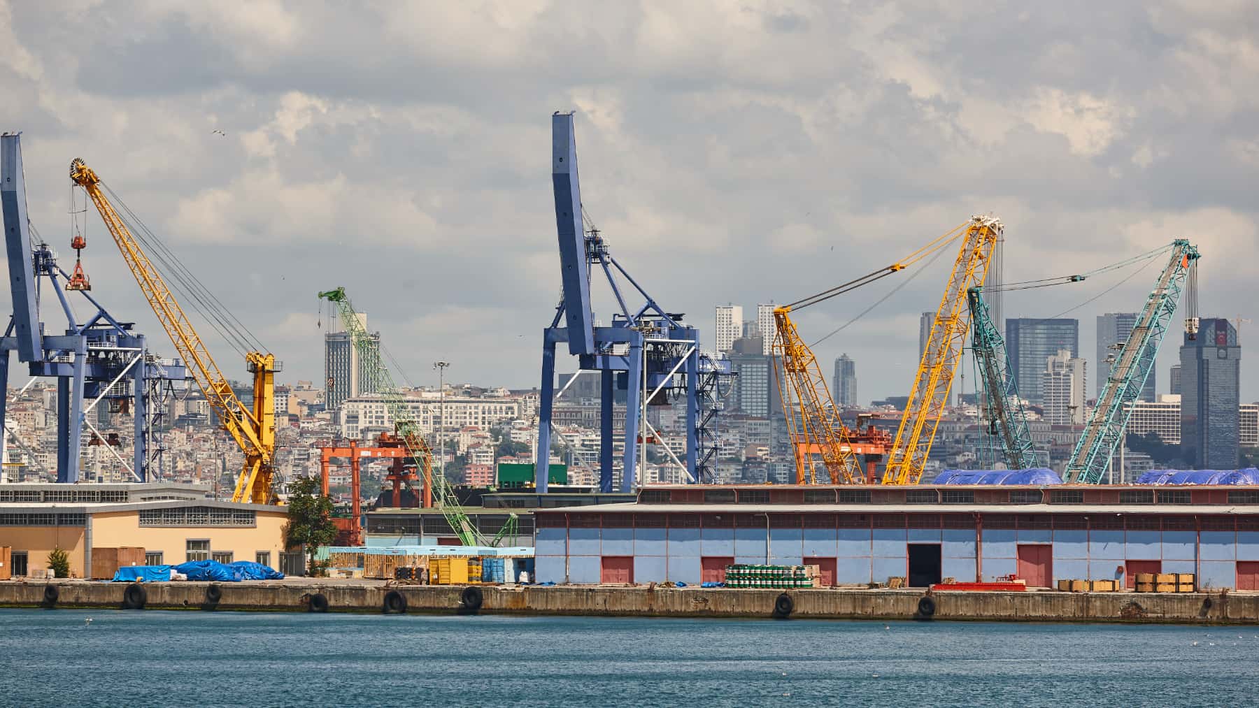 Vista de un puerto industrial marítimo con varias grúas de carga, naves portuarias y zona urbana al fondo.