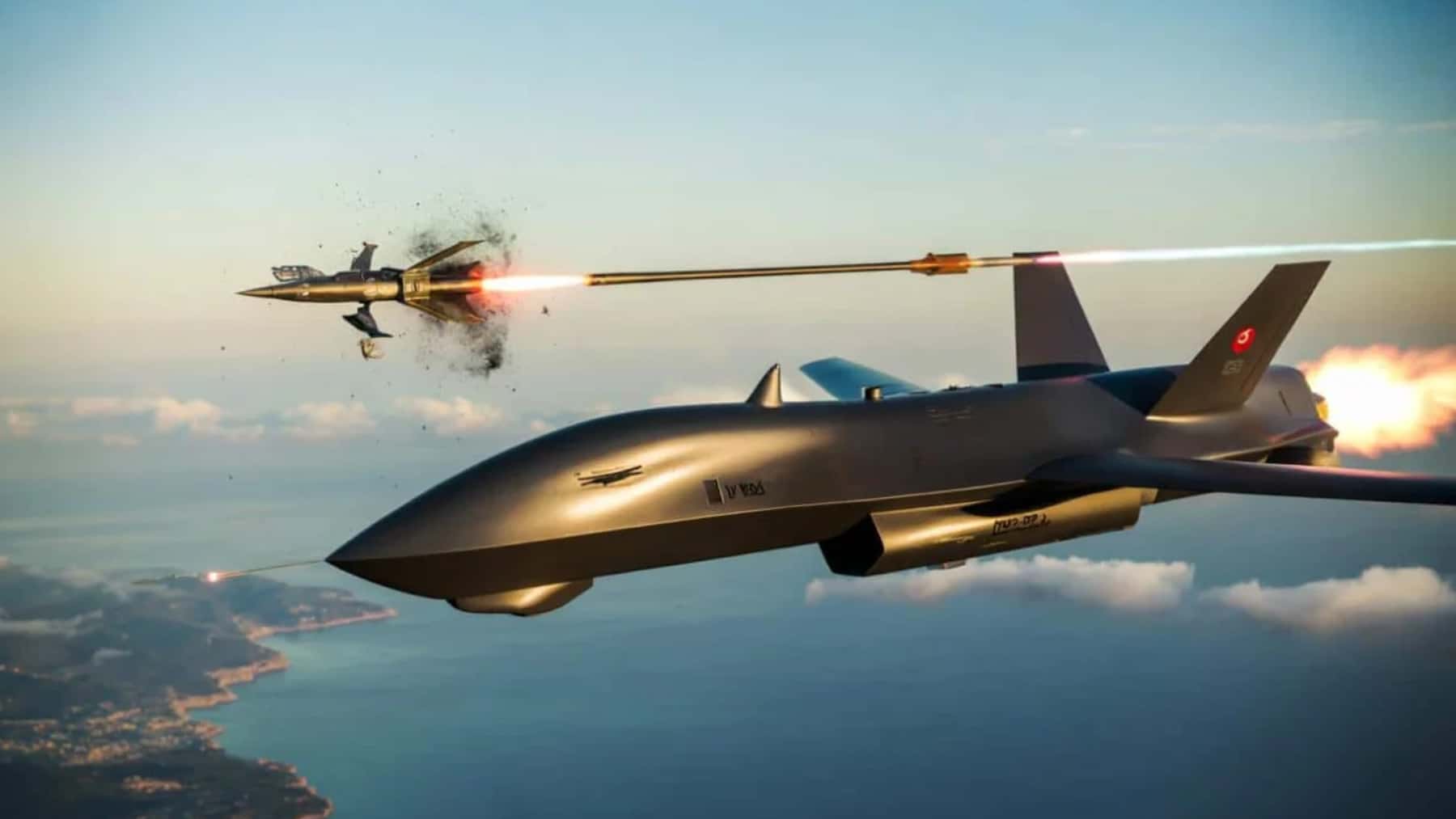 Recreación generada con IA de un dron militar lanzando un misil en pleno vuelo sobre la costa.