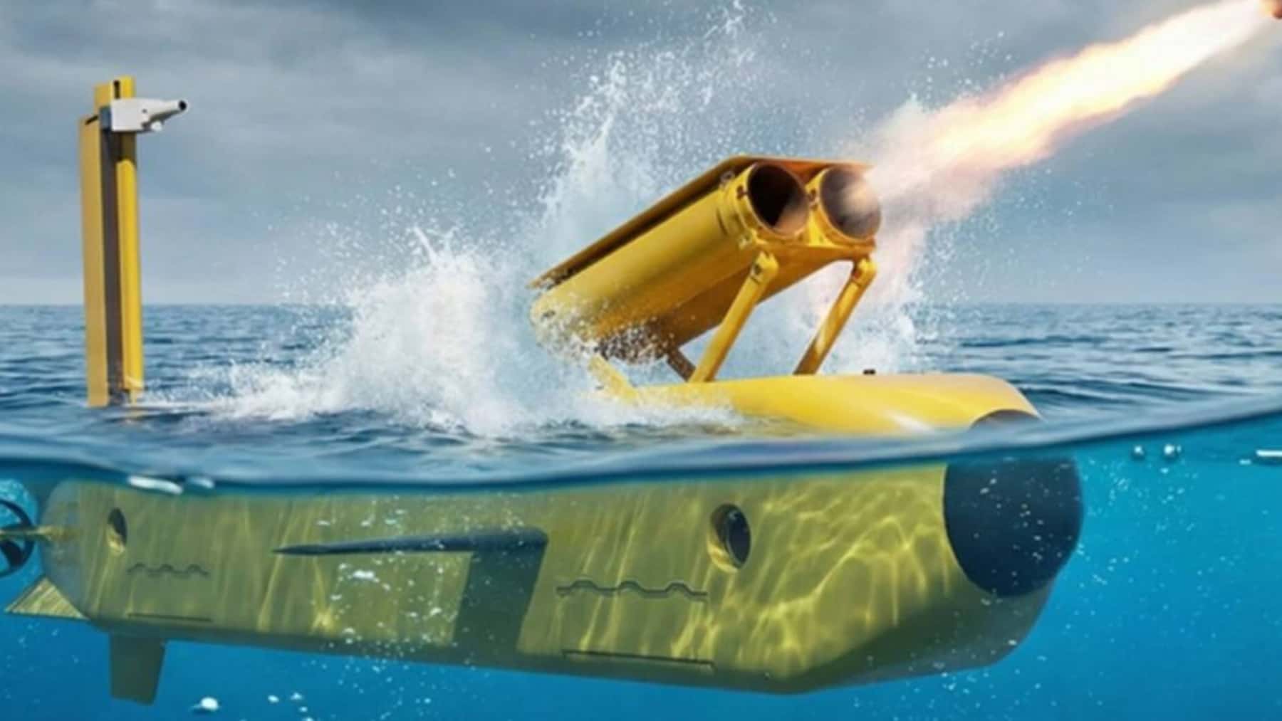 Render de un minisubmarino Lamprey en el mar durante una prueba de propulsión con chorro de agua.