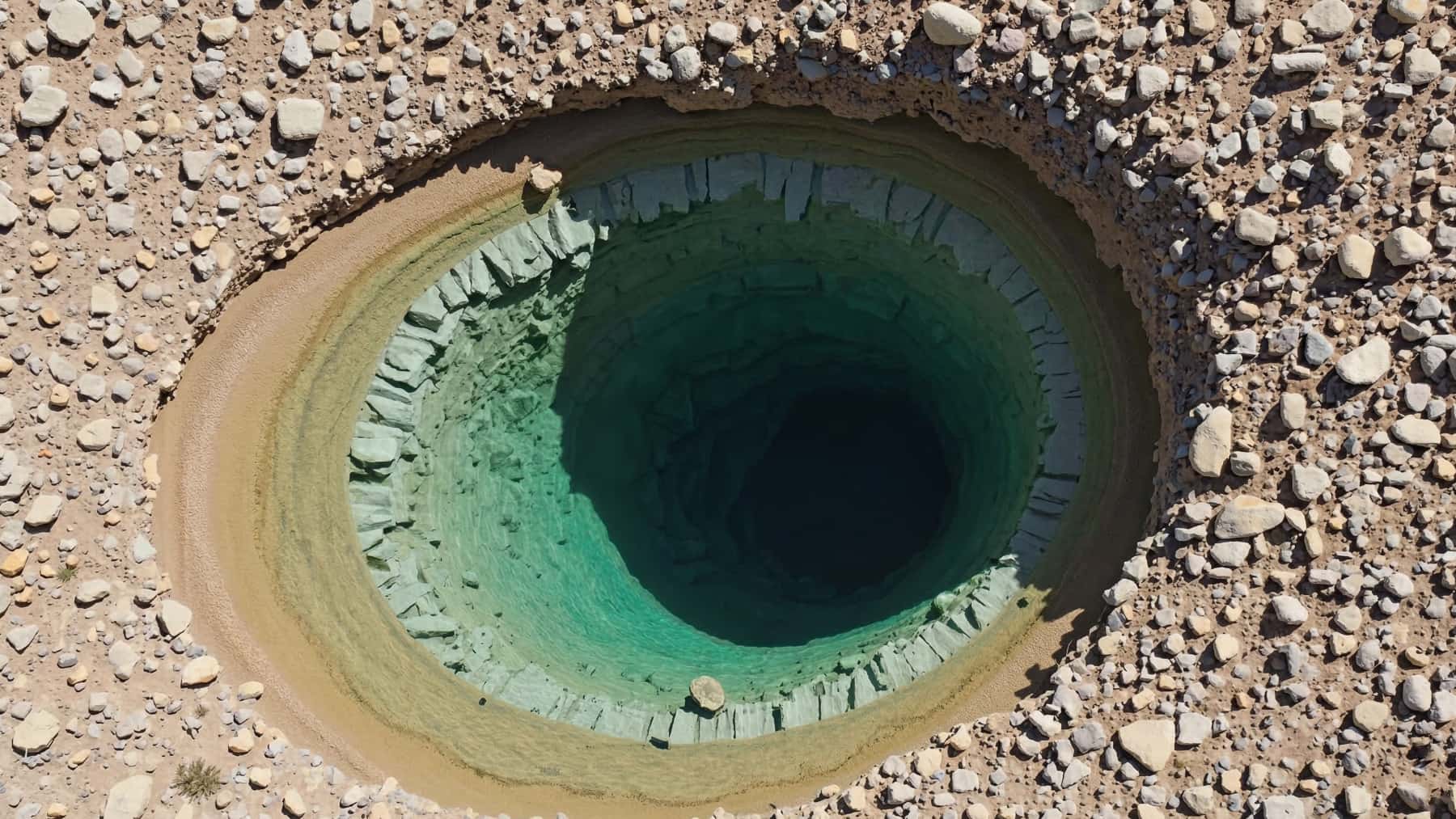 Vista aérea de un profundo sumidero natural con agua en una zona rocosa y árida