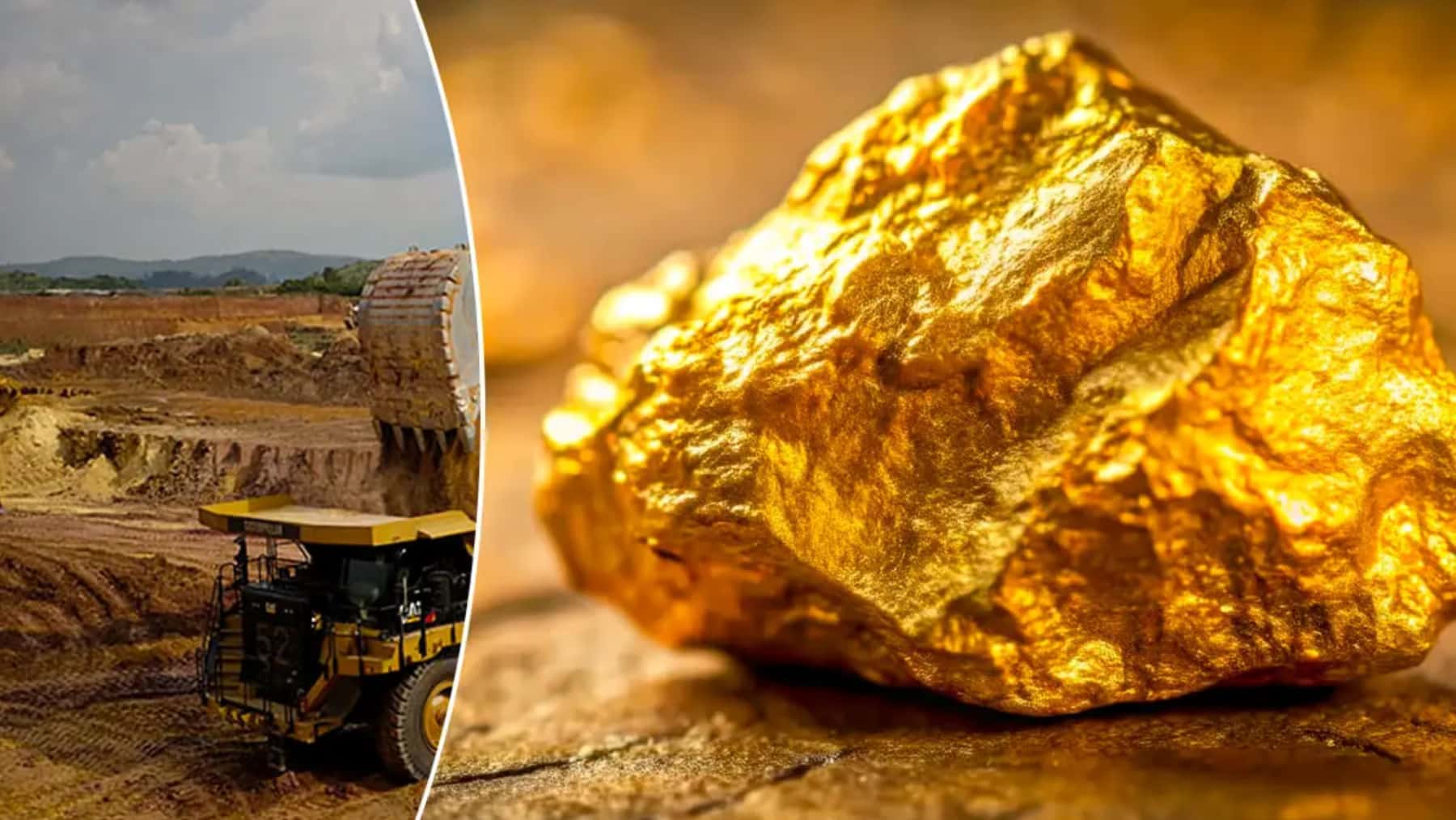 Pepita de oro en primer plano junto a una explotación minera a cielo abierto con maquinaria pesada.