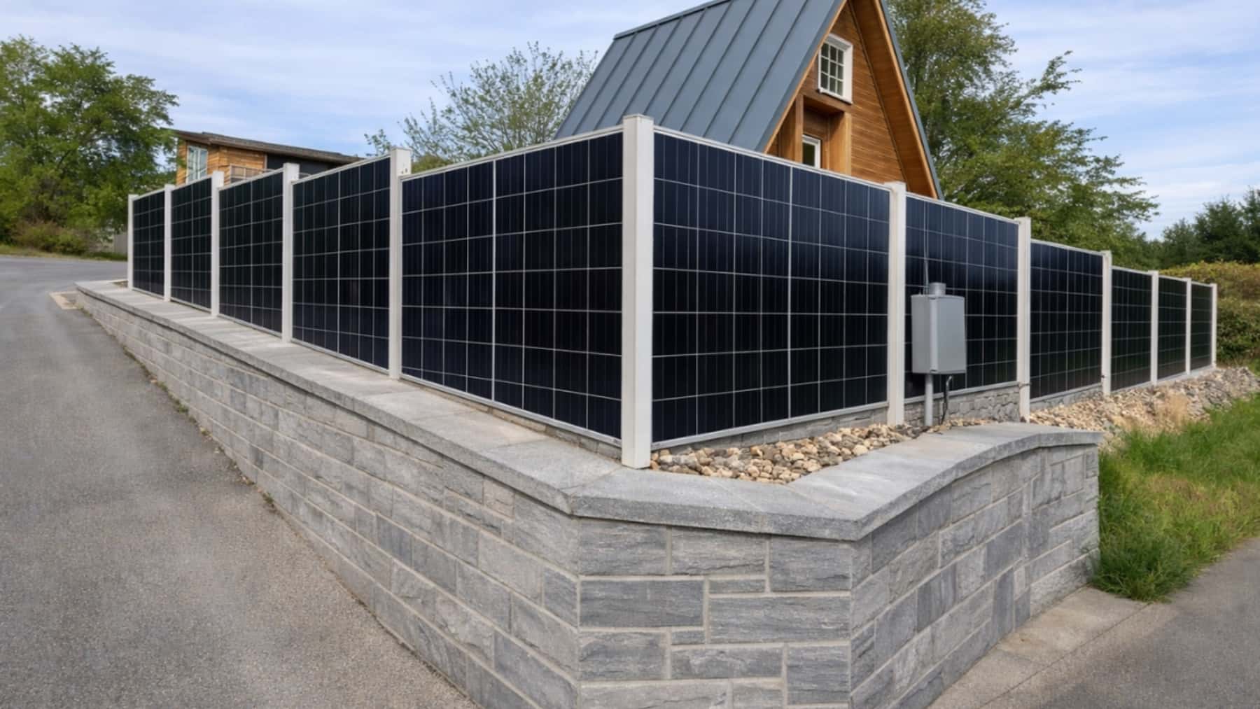 Valla con paneles solares instalada alrededor de una vivienda unifamiliar