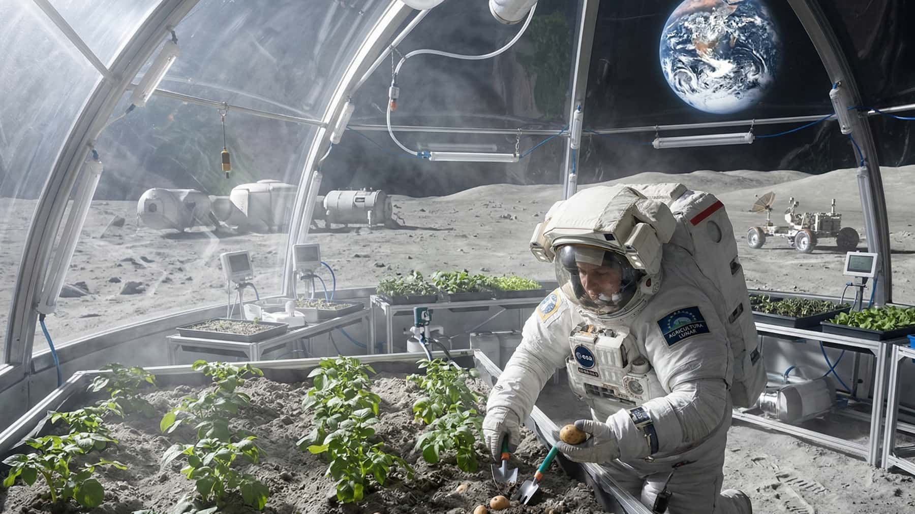 Astronauta cultivando patatas en el suelo de la Luna