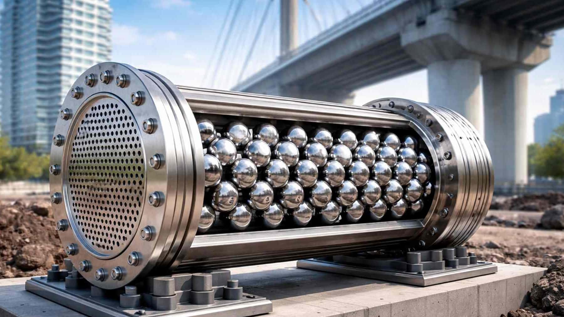 Dispositivo cilíndrico con esferas de acero diseñado para absorber vibraciones y reducir el impacto de terremotos en edificios y puentes.