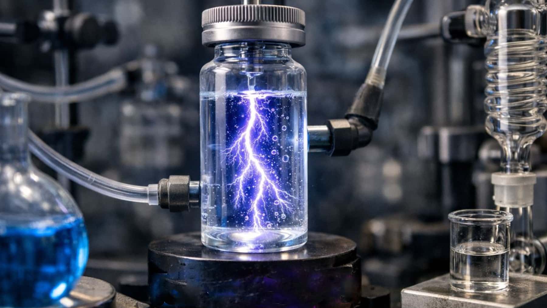 Recipiente de laboratorio con una descarga eléctrica en su interior durante un experimento científico.
