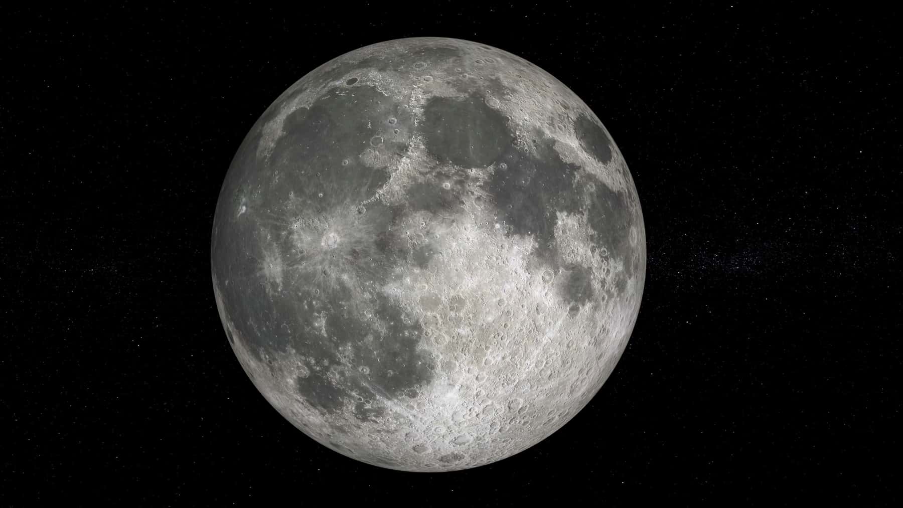 Imagen detallada de la Luna llena con cráteres y mares lunares visibles sobre un fondo negro estrellado.