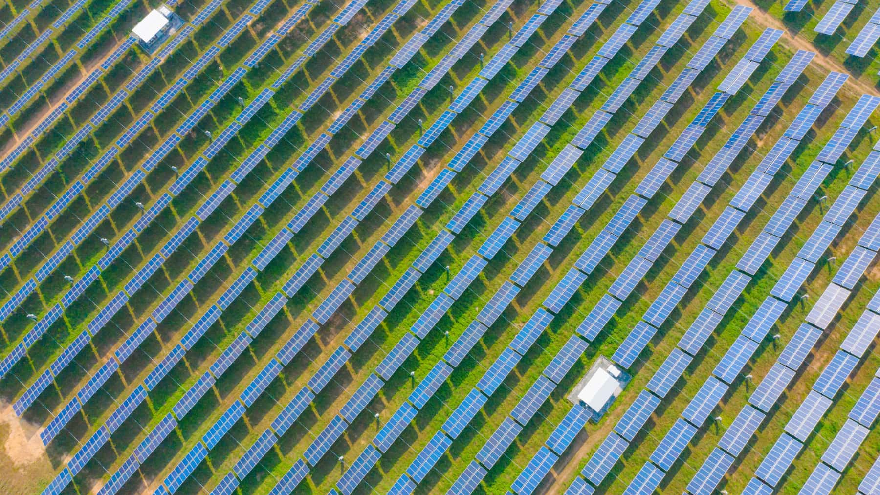 Vista aérea de paneles solares o células solares en el techo de la granja. Central eléctrica para electricidad en la industria
