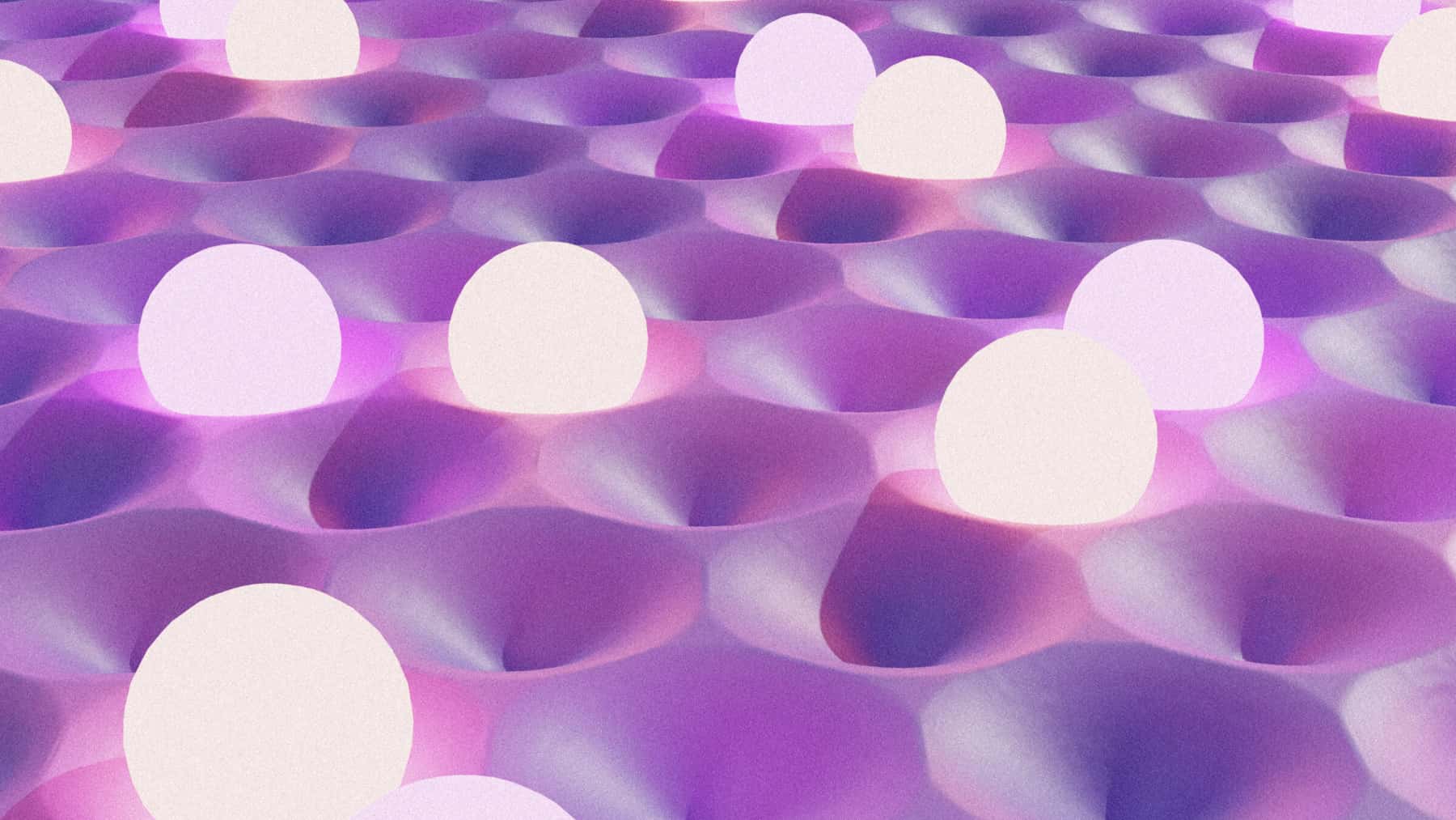 Ilustración abstracta de esferas luminosas sobre una superficie ondulada en tonos morados y rosas