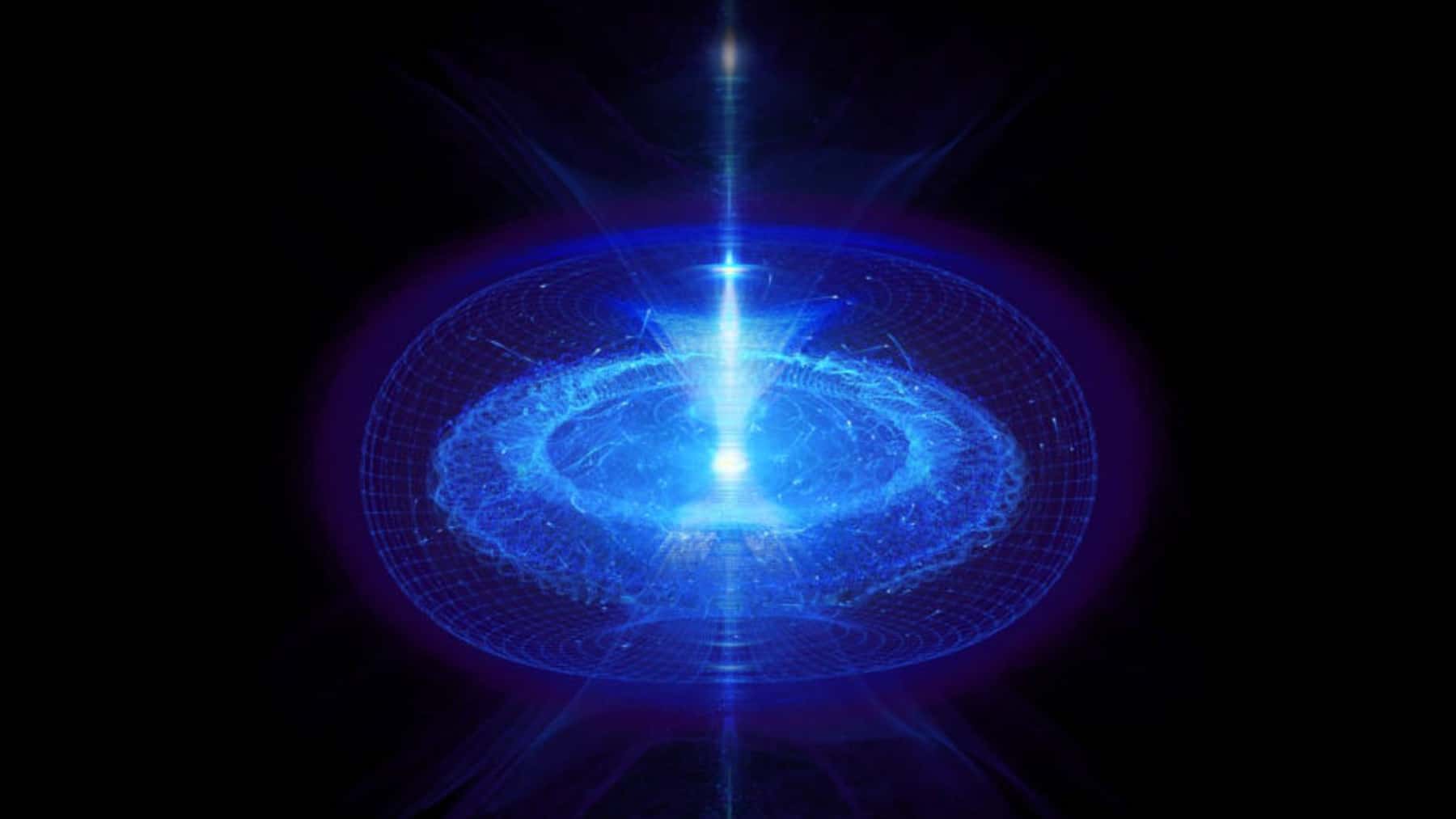 Simulación digital de ondas gravitacionales con un haz de luz azul en el centro sobre fondo negro